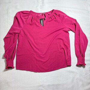 NWT Women's Zeagoo Split V-neck Blouse Smocked Cuffs Hot Pink Size Medium